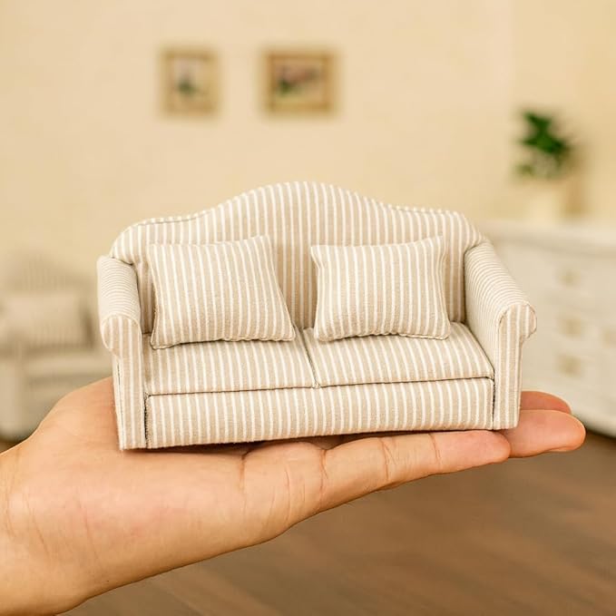 3PCS Dollhouse Couch – 1/12 Scale Miniature Double & Single Sofa with Pillow Upholstered Armchair Set, Doll House Living Room Mini Furniture Accessories Timeless Classic for Bedroom Sectional Décor