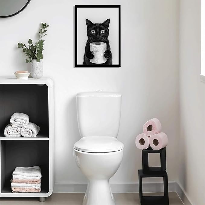 VPUQWGKE Bathroom Black Cat Wall Art Cute Black Cat Holding Toilet Paper Picture Wall Decor Funny Animal Painting Artwork Black and White Print for Bathroom Toilet Home Decoration 8x10in Black Frame