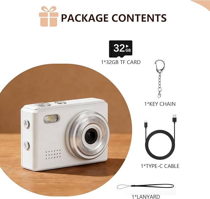 Gift for Teen Boys & Girls - Mini Keychain Camera, 1080P Portable Digital Camera with 0.96" Screen, Includes 32GB Card for 12MP Photo Video, Birthday Graduation Travel (White)