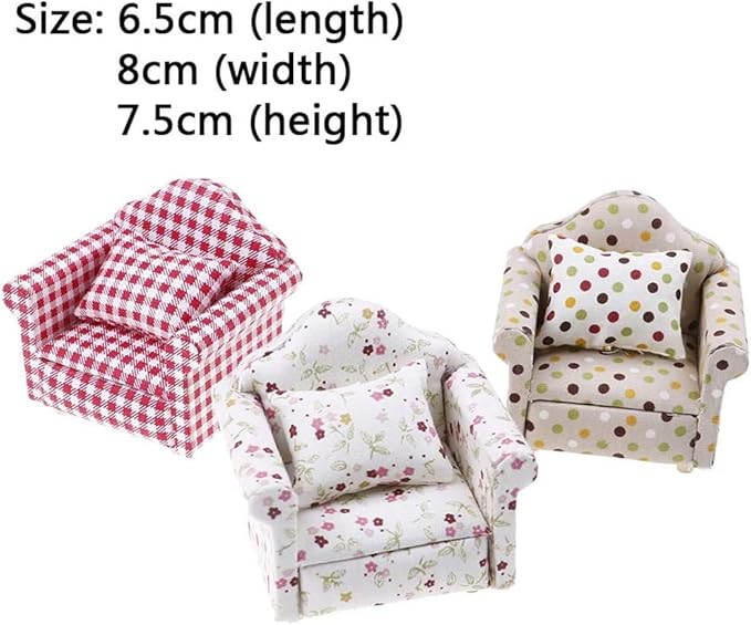 2 Sets 1:12 Scale DIY Dollhouse Sofa&Armchair with Pillow Mini Dolls House Furniture Couch&Chair Miniature Wooden Furniture Handmade Crafts Supplies Red Checkered Dollhouse Toy Dollhouse Accessories
