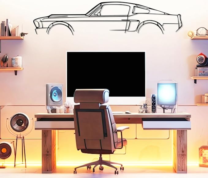 DecoSoul Mustang Metal Car Wall Art, Sports Car, Automotive Silhouette Line Decoration, Minimalist Sculpture for Garage, Indoor Outdoor Wall Hanging, Gift for Boyfriend, (Black - 55 x 12” inch)