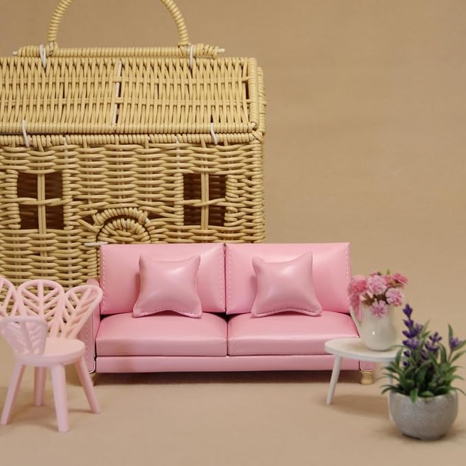 Miniature Dollhouse Leather Couch 1:12 PU Sofa Furniture Set with Cushions – Fit 1/12 Scale Accessories for Doll House Décor and 3 to 6 inches Doll Figure (Pink)