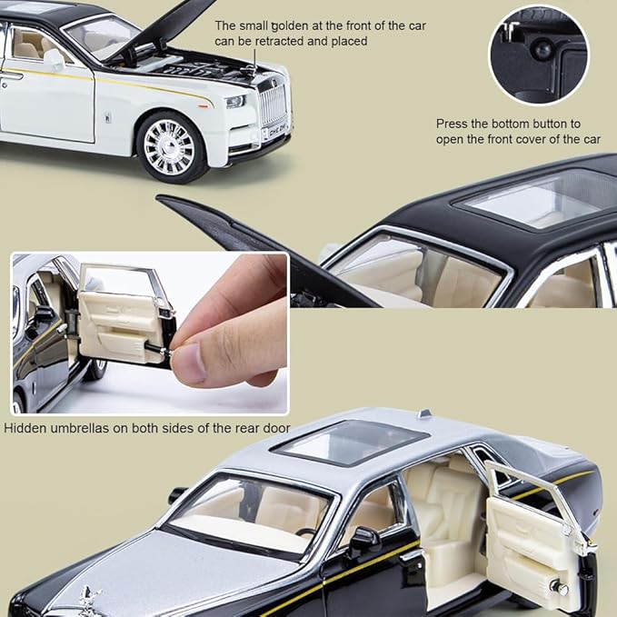 EROCK Alloy Collectible Rolls-Royce Phantom Model Toy Car, 1/32 Scale Diecast Car Model Pull Back Vehicles Phantom Toy with Sound & Light, Car Logo Can be Folded 1/32 Phantom Black-Silver
