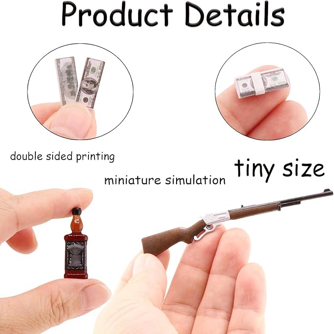 FTYHXP 1 Set Miniature Things 1/12 Scale Dollhouse Accessories Miniature Money Mini Gun Mini Wine Bottle Model for Tiny Doll House Accessories,Action Figure Props,DIY Craft Projects.Tiny Collectibles