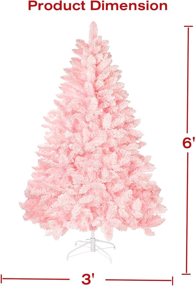 Incbruce 6ft Artificial Christmas Tree, Xmas Tree with 1,000 Branch Tips, Flocked Christmas Tree with Metal Stable Stand Base for Indoor and Outdoor Holiday Decoration(Pink)
