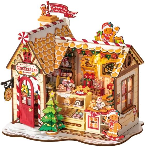 ROBOTIME DIY Miniature House Kit, Tiny House Book Nook for Family and Friends, Mini Wooden Dollhouse Kit for Halloween/Christmas/Birthday Gifts（Gingerbread House）