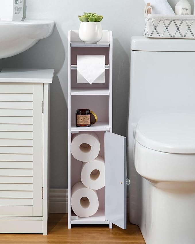 AOJEZOR Toilet Paper Holder Stand: Small Bathroom Storage Cabinet - Light Grey - White