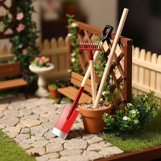3-Piece Set Miniature Garden Tools, 1:12 Mini Shovels and Rake Farm Tools, Fairy Garden Dollhouse Accessories Furniture Toy Sets (Red, 3.2 Inches)