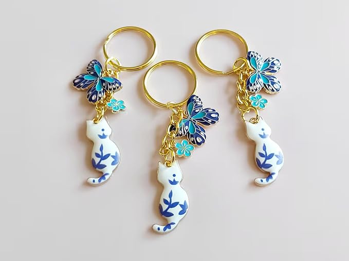 Agromusk Cute Cat Keychain, Enamel Flower Keyring Japanese Decor for Garden Cat Lovers, Kawaii Bag Charm With Sakura Flowers