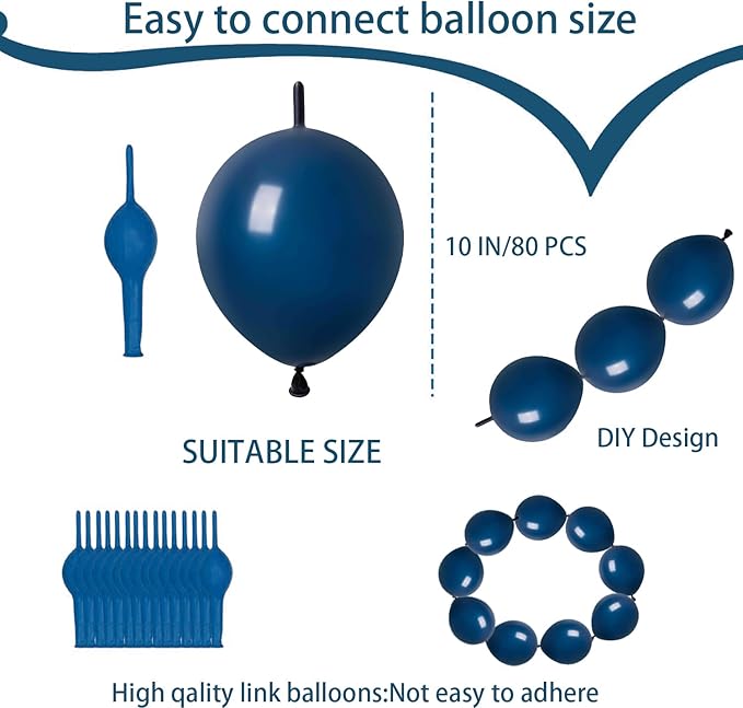 ADIDO EVA Link Balloons Navy Blue 10 Inch Latex Quick Linkale Balloon 80 Pcs for Birthday, Halloween, Christmas, Party Festival Decorations