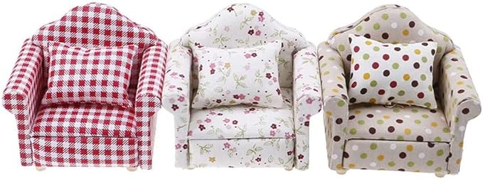 2 Sets 1:12 Scale DIY Dollhouse Sofa&Armchair with Pillow Mini Dolls House Furniture Couch&Chair Miniature Wooden Furniture Handmade Crafts Supplies Red Checkered Dollhouse Toy Dollhouse Accessories