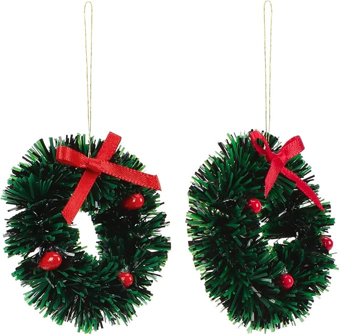 10 Pieces Mini Artificial Christmas Wreaths Ornaments, Dollhouse Miniature Christmas Wreath Doll House Mini Xmas Wreath for Dollhouse Door Windows Christmas Tree Decoration (Red Bowknot)