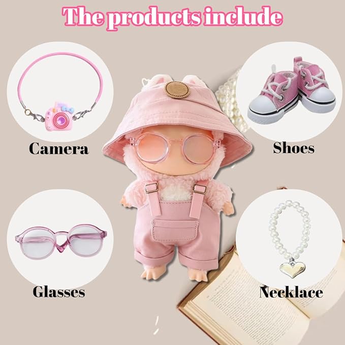 Doll Accessories Set for Labubu Included Mini Pink Glasses, Camera and Cute Pink Shoes, Dress Up Accessories for 15/17cm Dolls(No Clothes)