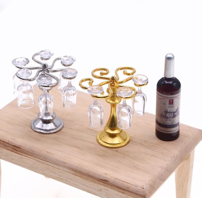 6pcs Mini Wine Glasses and Miniature Dollhouse Accessories - 1/12 Scale Accessories with Mini Wine Bottles for Doll House Girls &Women(Golden Color)