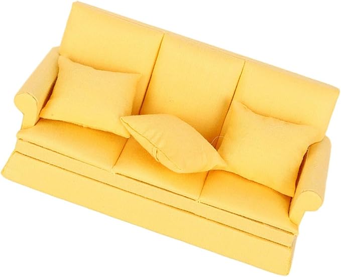 Dollhouse Furniture 1 12 Scale Couch Doll House Mini Sofa with 3Pcs Pillow Living Room Furniture Wooden Doll House Decoration Accessories Dolls House Living Room (Yellow)