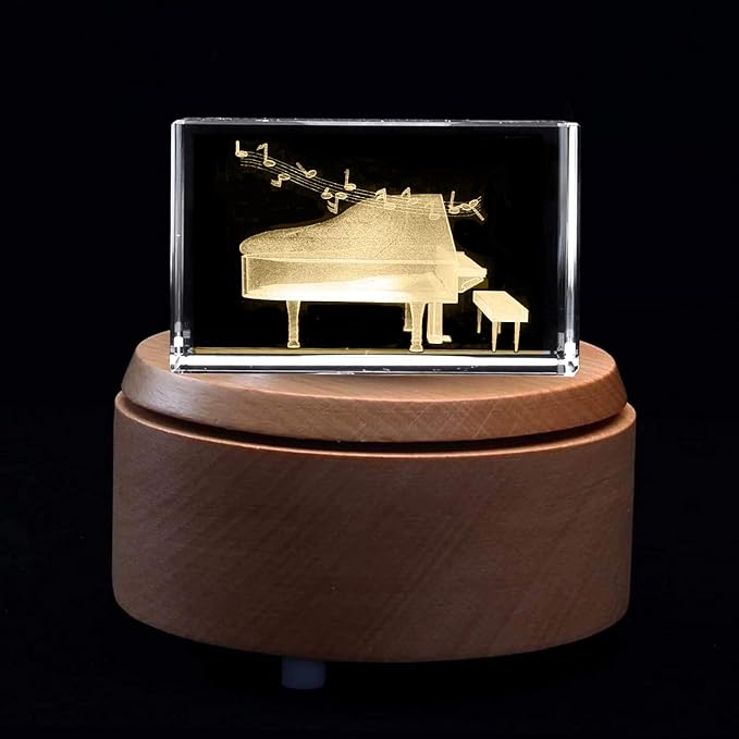 XINDAM 3D Piano Paperweight Laser Etched in Crystal Glass Cube for Graduation Christmas Birthday Valentine's Day (Included LED Base)