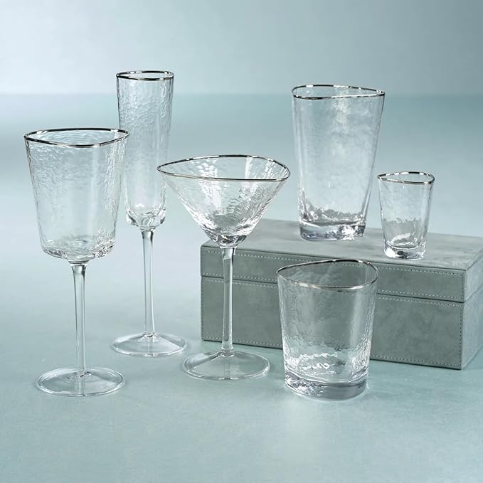 Zodax Aperitivo Triangular Stemware or Glassware - Clear with Platinum Rim - Sets of 4 (Double Old-Fashioned)