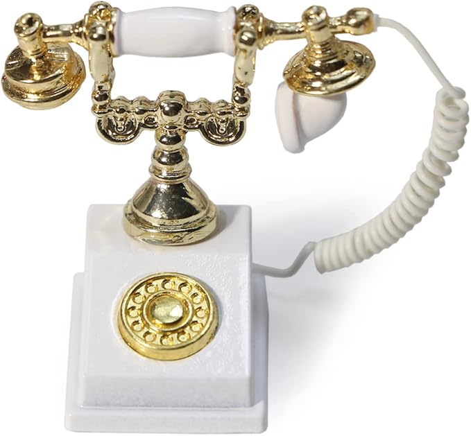 Dollhouse Telephone 1:12 Miniature Vintage Rotary Phone Model Desk Decoration Retro Mini Accessorries for Artificial House Living Room Scene (White)