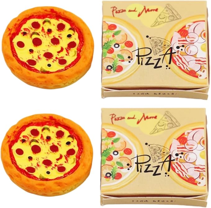 2 Set Miniature Pizza Box, 1:6 & 1:12 Scale Realistic Dollhouse Food Model Set, Yellow Resin Doll House Furniture Supplies for Pretend Play Kitchen