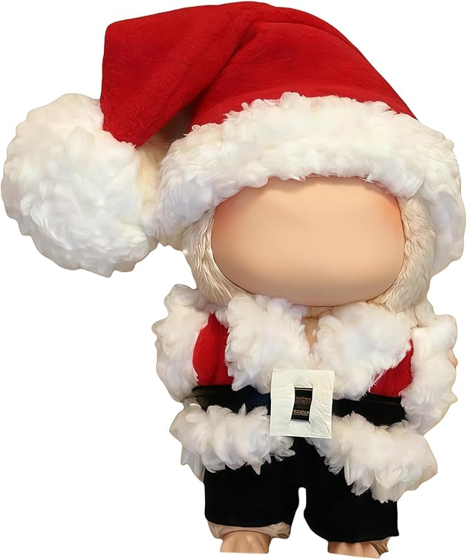 Christmas Doll Clothes for 17cm Dolls - 4 Set Handmade Crochet Holiday Outfit with Santa Hat, Top, Black Belt & Cute Pants Accessories (Santa Claus)