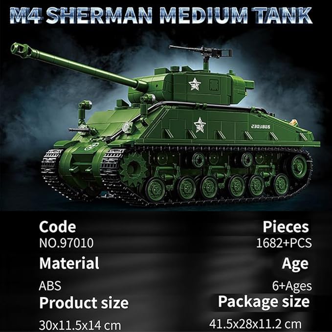 WW2 Military Tank M4 Pershing Heavy Building Block Set, 1703 Pcs WW2 Model with Rotating Gun & Figures, Army Toys for Adults & Collectors