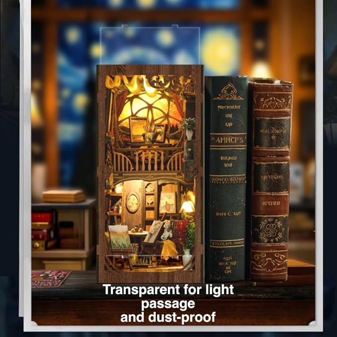 Book Nook Kit for Adults - DIY Miniature House with LED Lights - Adult Book Nook Craft Kit with Starry Night Puzzle - 3D Wooden Puzzle for Birthday Gift - Tiny Craft for Creative Bookshelf Decor