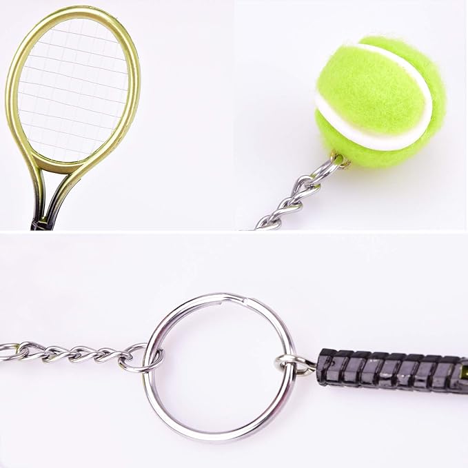 Ancefine 12 Pieces Mini Tennis Racket Keychains Key Ring Alloy Tennis Ball Split Ring Accessories for Sport Team Gifts,6 Color