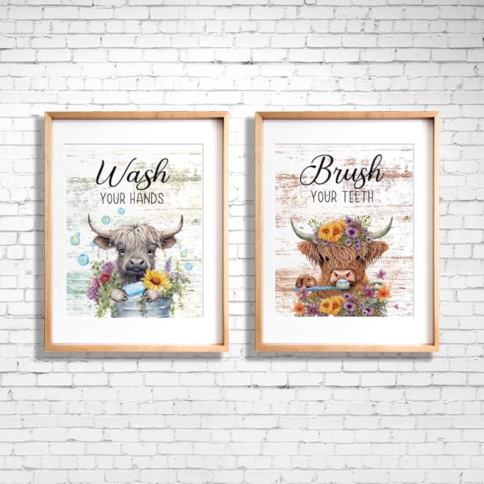 Highland Cow Wall Art Set of 4(8"x10") Unframed, Rustic Bathroom Decor Funny Signs for Toilet Decorations
