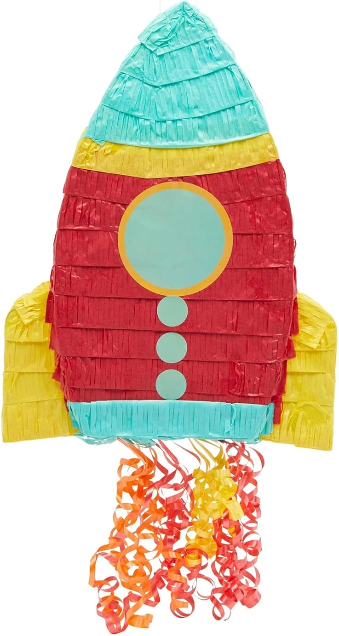 BLUE PANDA Rocket Ship Pull String Pinata for Space Birthday Decorations, Party Supplies & Outer Space Party Decor - 16.5 x 12.5 x 3 In, Red