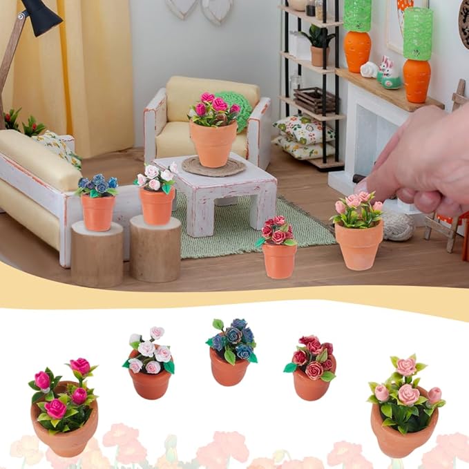 AHANDMAKER 5Pcs 5 Styles Miniature Plants Accessories 1:12 Mini Rose Pot, Garden Potted Model Micro Landscape Decoration for Mini House Tiny Fake Greenery Bonsai Ornament Crafts