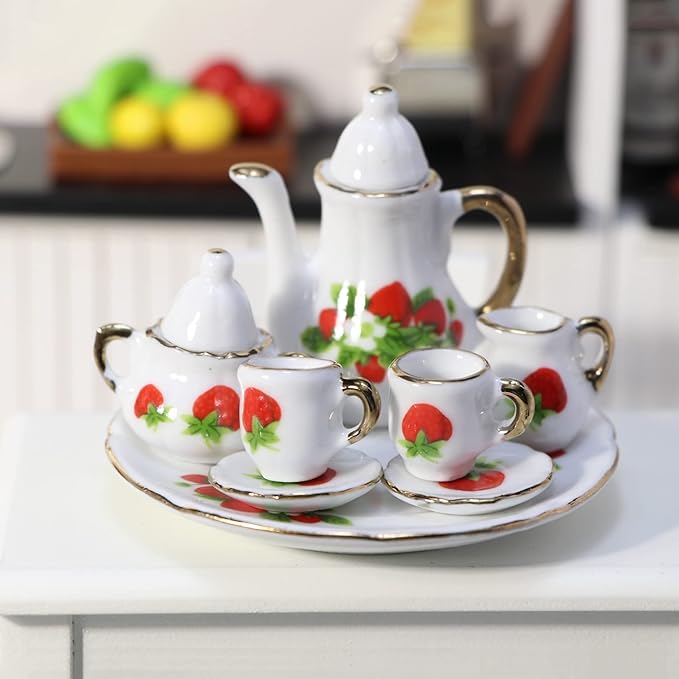 Cutemini 1:6 Scale Miniature Porcelain Dollhouse Tea Set 8PCS Flower Pattern Teapot Platter Dish Sets Dollhouse Kitchen Supplies Decoration (Strawberry)