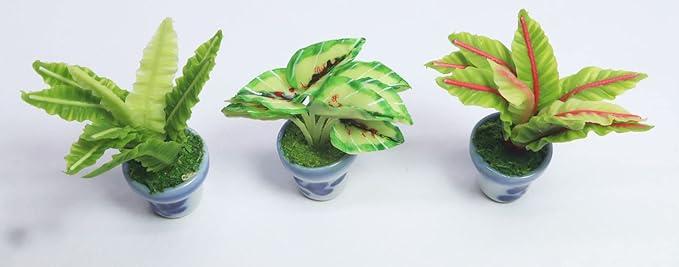 3 Pieces 1:12 Dollhouse Miniature Artificial Flower Plants in Ceramic Pot,Bird's Nest Fern,Homalomena sulcata,RER Bird's Nest Fern Dollhouse Accessories for Collectibles and Home Decoration