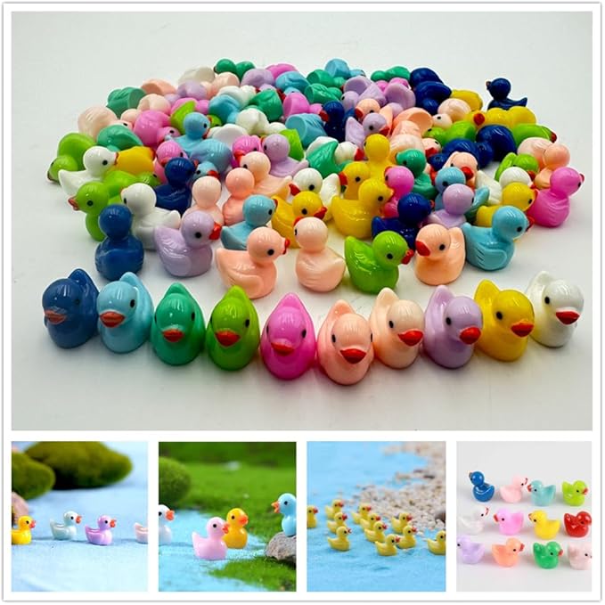 100pcs Mini Resin Duck,15 mm Dollhouse Décor for Aquarium Decor Micro Fairy Garden Landscape Hide,Seek Party Toys,Easter Basket Stuffer, Gift for All Ages (Nonluminous-Multicolour)