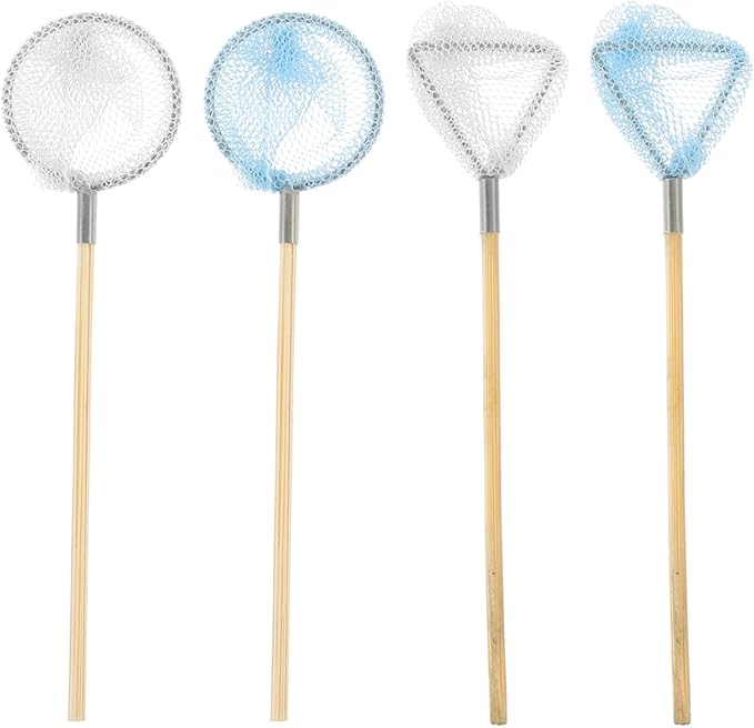 Miniature Fishing Net Set - 4pcs Mini Fishing Nets Butterfly Insect 1/12 Dollhouse Decor Accessories Realistic Mini Fish Props for Elf, Micro Landscape Decor Photography Props Cake Topper DIY Craft