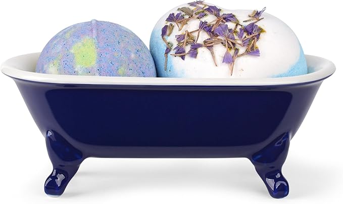 NEWHENGS 6.5" Ceramic Mini Decorative Clawfoot Bathtub Bar Soap Dish, Kitchen Sponge Holder and Shower Tray for Bathroom, 1 Pack(Navy Blue)