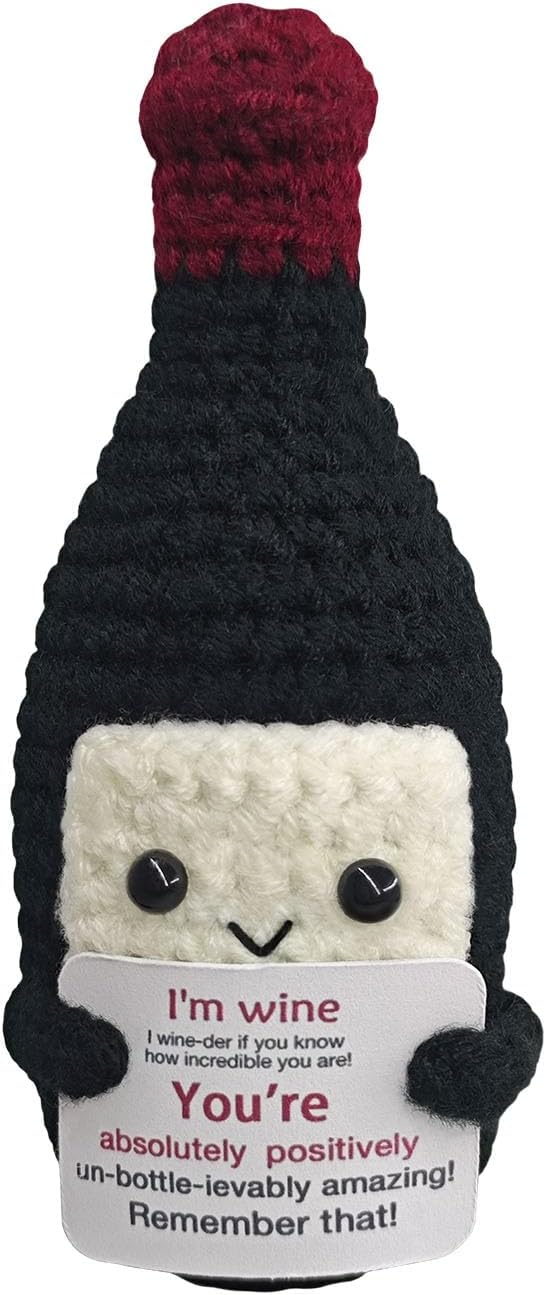 Fouliki Funny Crochet Mini Wine Bottle - Valentine's Day Gift for WineLovers,Unique Handmade Emotional Support Wine Gifts,Cute Desk & Home Decor for Him or Her,Creative w-i-n-e Themed Gift Idea