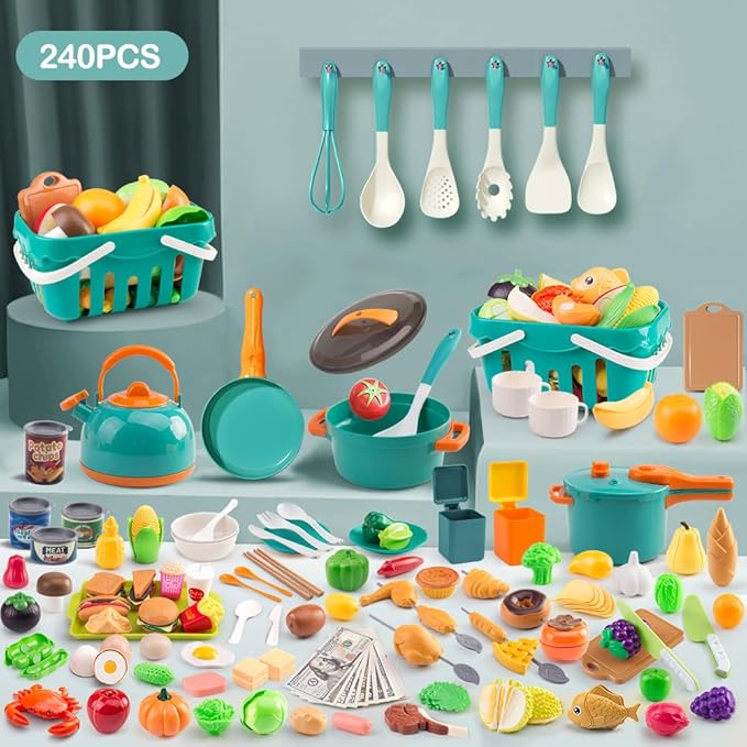 240Pcs Kids Mini Play Kitchen Accessories, Play Pans, Pots, Cookware with Desserts, Cuttable Veggies & BBQ Set & Storage Basket, Prop Money, Learning Gift for Child，Toddlers, Child, Green