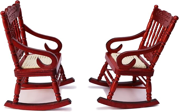 Dollhouse Chairs 2PCS Miniature Rocking Chair 1:12 Scale Wooden FurnitureAccessories Tiny Mini House Home Outdoor Cake Topper Decoration ModelLiving Room Scene Christmas Craft Displays (Red)