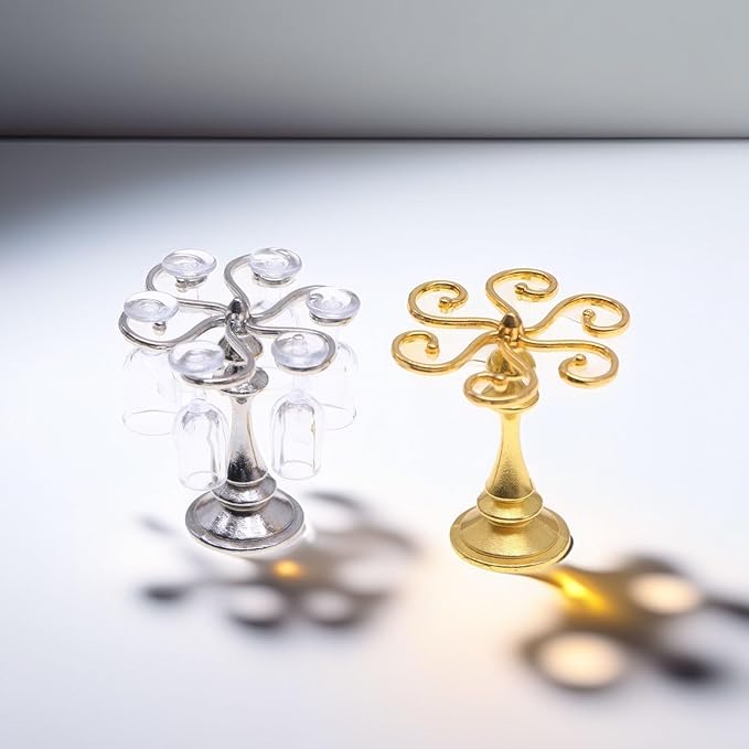 1:12 Scale Miniature Wine Glass Set with Metal Rack (Gold/Silver), 6 Clear Goblets, Elegant Dollhouse Dining Room & Bar Accessory for Collectors (Gold)