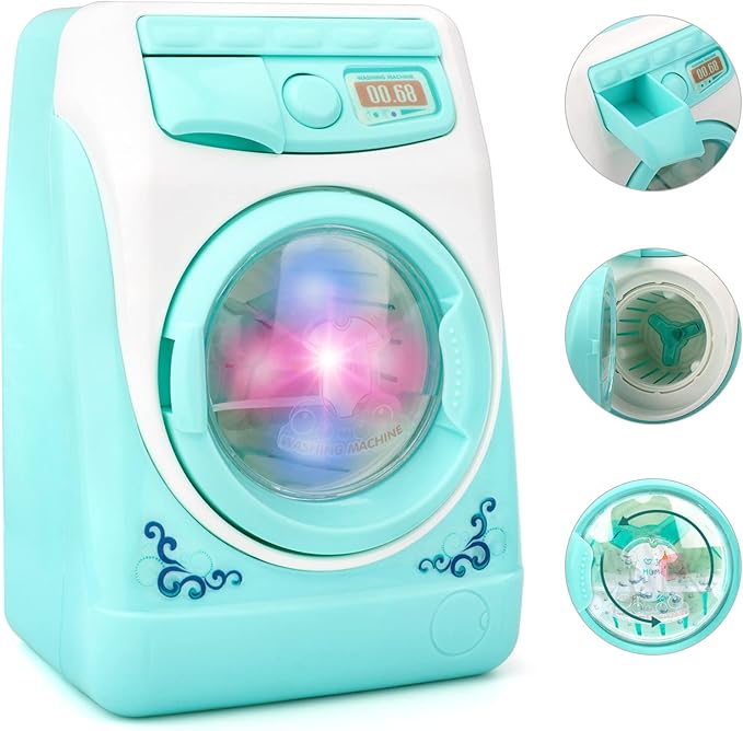 deAO Washing Machine Toy for Kids Dollhouse Furniture Pretend Play Household Appliance Realistic Sounds with Lights Laundry Play Set with Rotatable Roller for Boys Girls