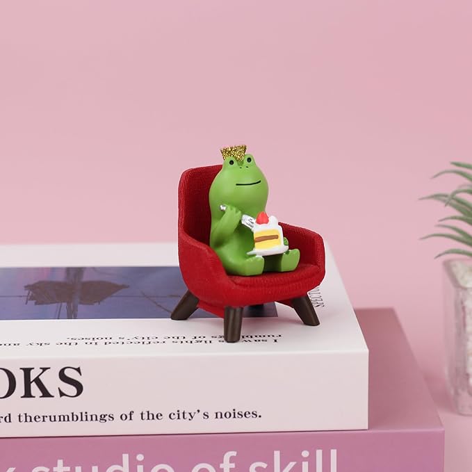 Miniature Frog Eating Cake Figurine - Funny Frog Sculpture for Shelf, Desk Decoration - Perfect Cute Frog Gift for Frog Lovers(Red Sofa)
