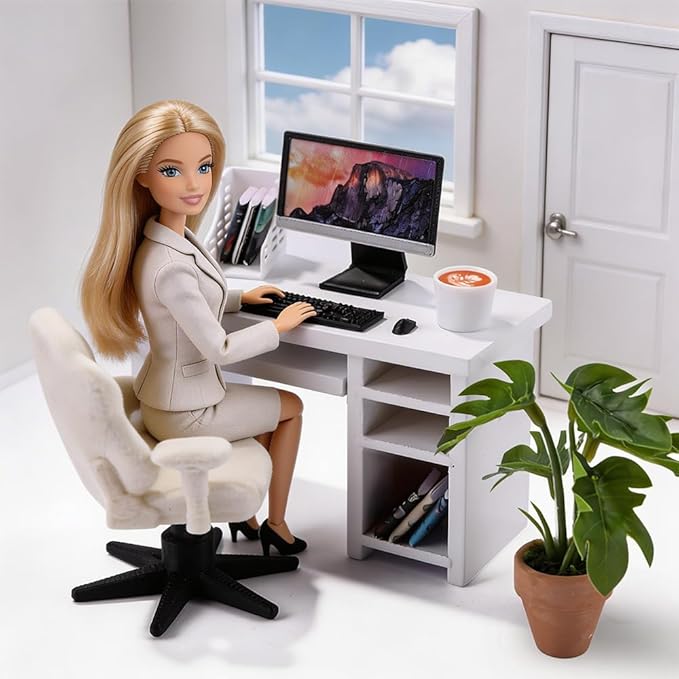 DIYDEC 1:12 Scale Miniatures Office Desk Set 14pcs Dollhouse Office Including Mini Computers Desks Office Chair Keyboard Mouse Folder Books Potted Plants for Tiny Stuff Dollhouse Figurines