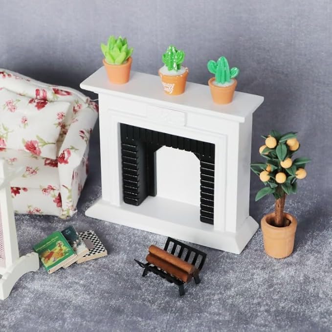 Minamzee Dollhouse Decoration Accessories,1:12 Dollhouse Miniature Furniture Room Wooden Vintage Black White Fireplace and Firewood Pile