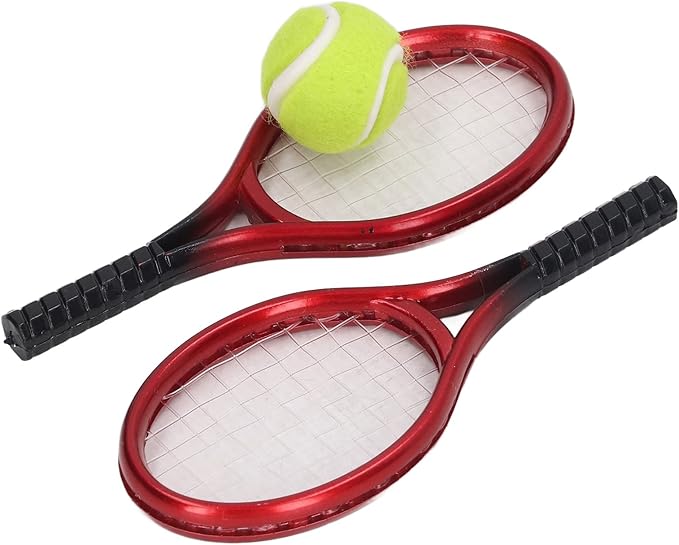 Aqur2020 1:12 Miniature Tennis Racket Set, Bright Colors, Vibrant Decoration, Dollhouse Tennis Racket Ball Set for Role Playing and Photo Prop, Not Easy to Fade or Damage. Plastic Material