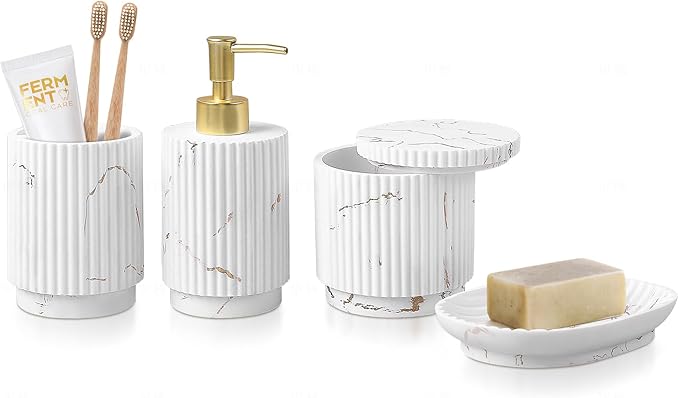 SEEYUAN Bathroom Accessories Set 4 Pcs-Toothbrush Holders Set, Soap Dispenser, Cotton Swab Jars, Vanity Tray, Bathroom Organizer for Modern Bathrooms Decor, Gift for Home Apartment