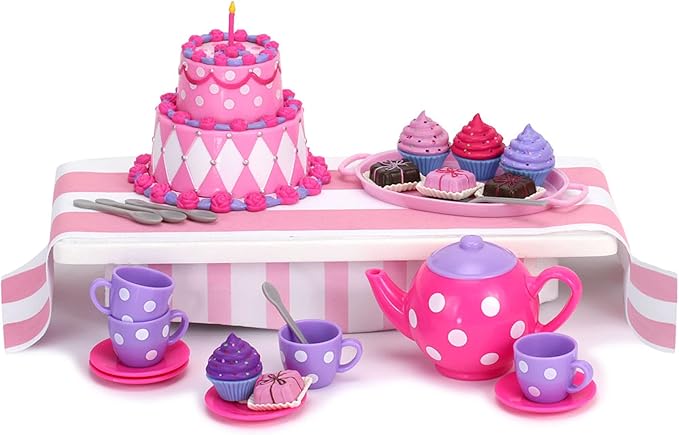 Sophia's Complete Cake & Tea Party Accessories Set with Teapot, Teacups, Utensils, Pretend Dessert and Drinks for 18" Dolls, Pink/Purple