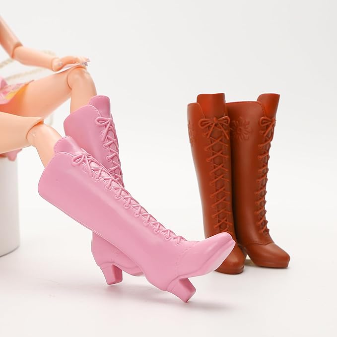 2 Pairs Doll Boots Shoes Wear Clothes Outfit Handmade Costumes Replacement for 1/6 Doll Fashionable Cowboy Wearing Fashion (Pink and Brown)
