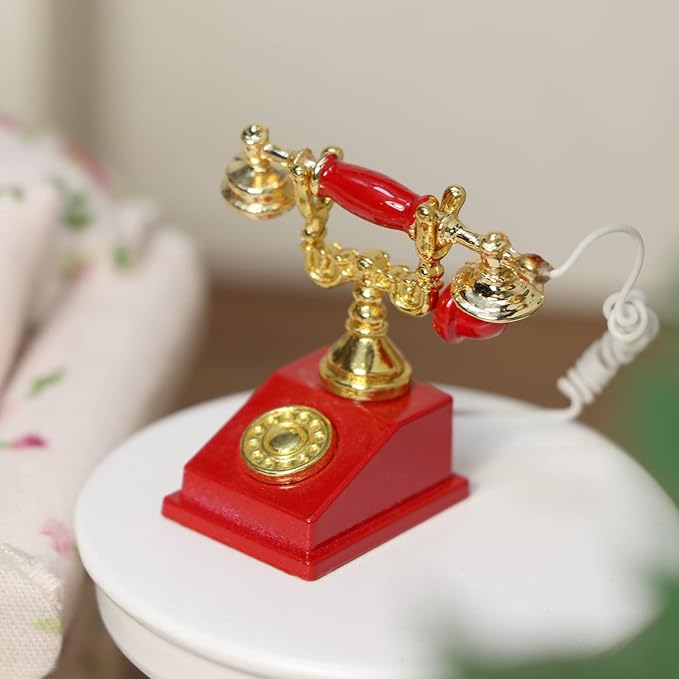 Dollhouse Telephone 1:12 Miniature Vintage Rotary Phone Model Desk Decoration Retro Mini Accessorries for Artificial House Living Room Scene (Red)