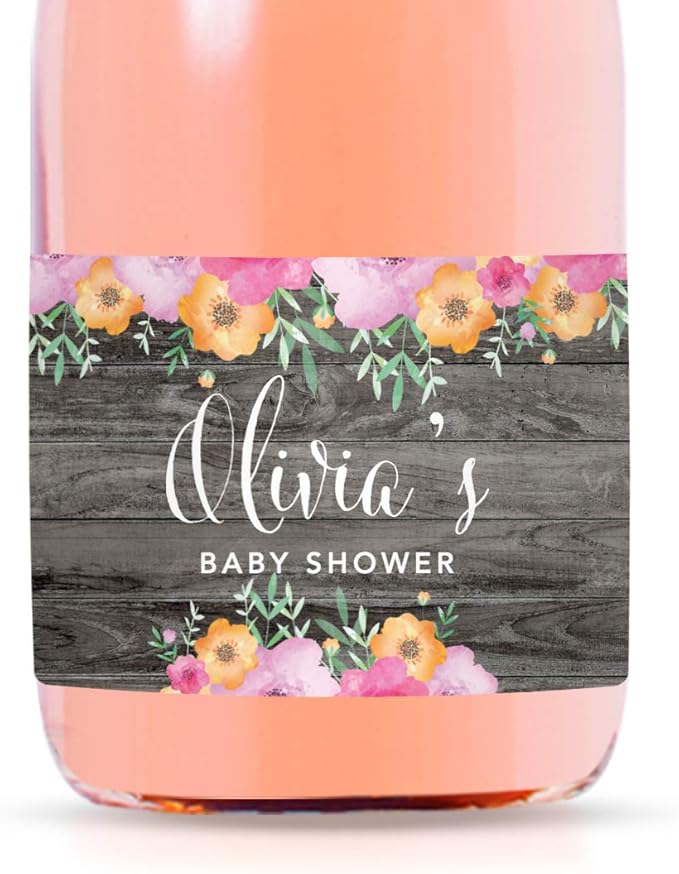 Andaz Press Personalized Mini Champagne Wine Bottle Labels, Olivia's Baby Shower, Date, Rustic Gray Wood Floral Flowers, 20-Pack, Custom Mini Champagne Favor Gift Stickers for Baby Shower