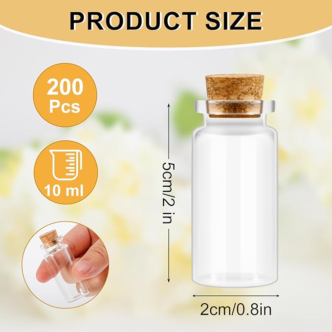 Blcculi 200 Pcs Mini Glass Bottles with Wood Cork Stoppers, 10ml Clear Vials for DIY Art, Wedding Decorations, Party Favors